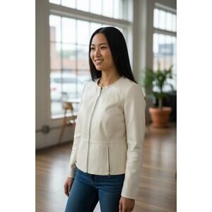 Tesori Womens Jacket Sz L Beige Cream Textured Leather Zip Front Pockets Lined